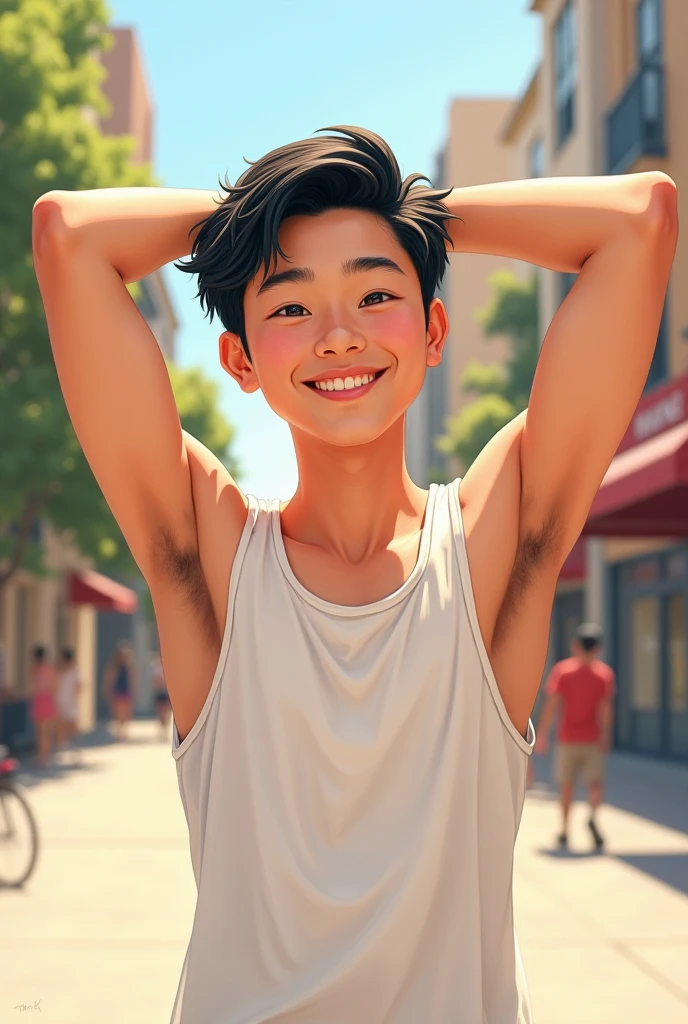 Realistic and real, detailed drawing, 18-year-old boy, smiling, raise hands show armpit hair, Sunny day, Tank top, chinese american boy, Slim
