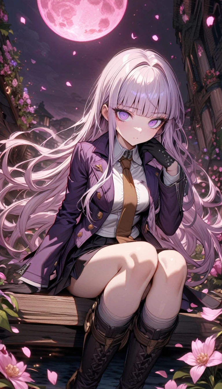 Ultra detailed, highres, absurdres, HDR, master piece, Kirigiri Kyouko, light lavender hair, expressive purple eyes, dark purple collared jacket, white shirt, brown necktie, black skirt, black gloves, Danganronpa, pink flowers, petals, fireflies, pink moon, woman sitting, solo, extremely beautiful, very detailed face and eyes, best quality, fantasy, magical, black boots,