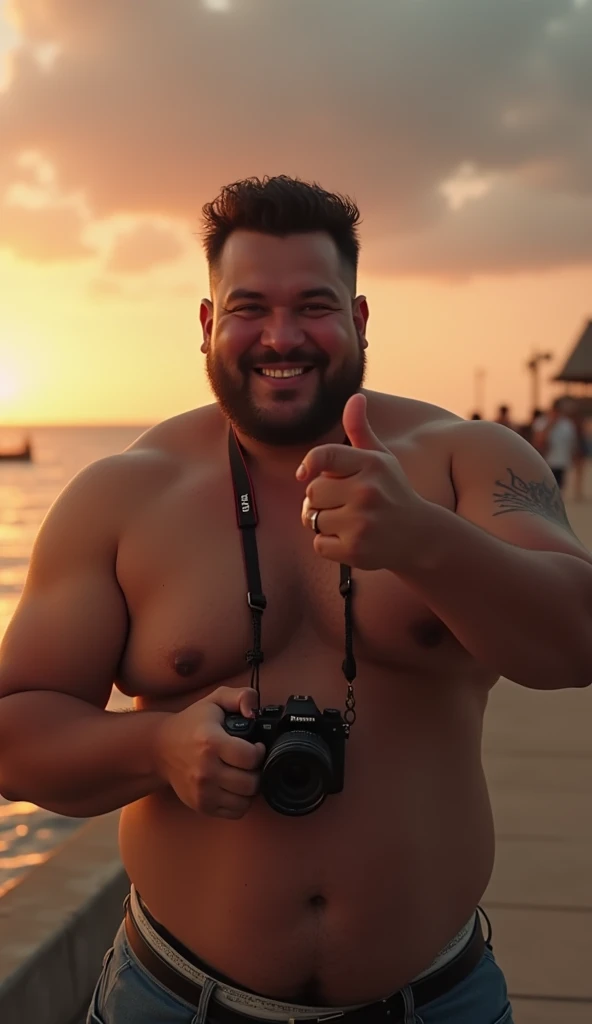 photorealistic, best quality, masterpiece, extremely detailed, sexy, homoerotic, extremely handsome, 20 year old chubby polynesian man, stocky build, laughing, takes your photo with a DSLR camera in one hand, he points to you with his other hand, by the pier, extremely romantic atmosphere, perfect face, perfect fingers, perfect hands, perfection