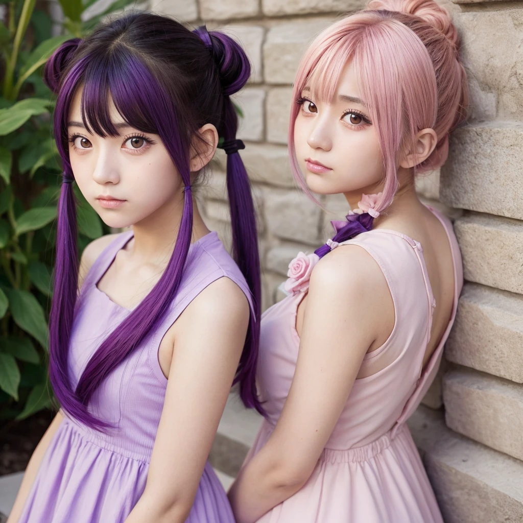 A 16 year old girl,with orange eyes, purple hair wearing a two pigtail hairstyle, a pink dress, tsundere. With Korean features and Latinos