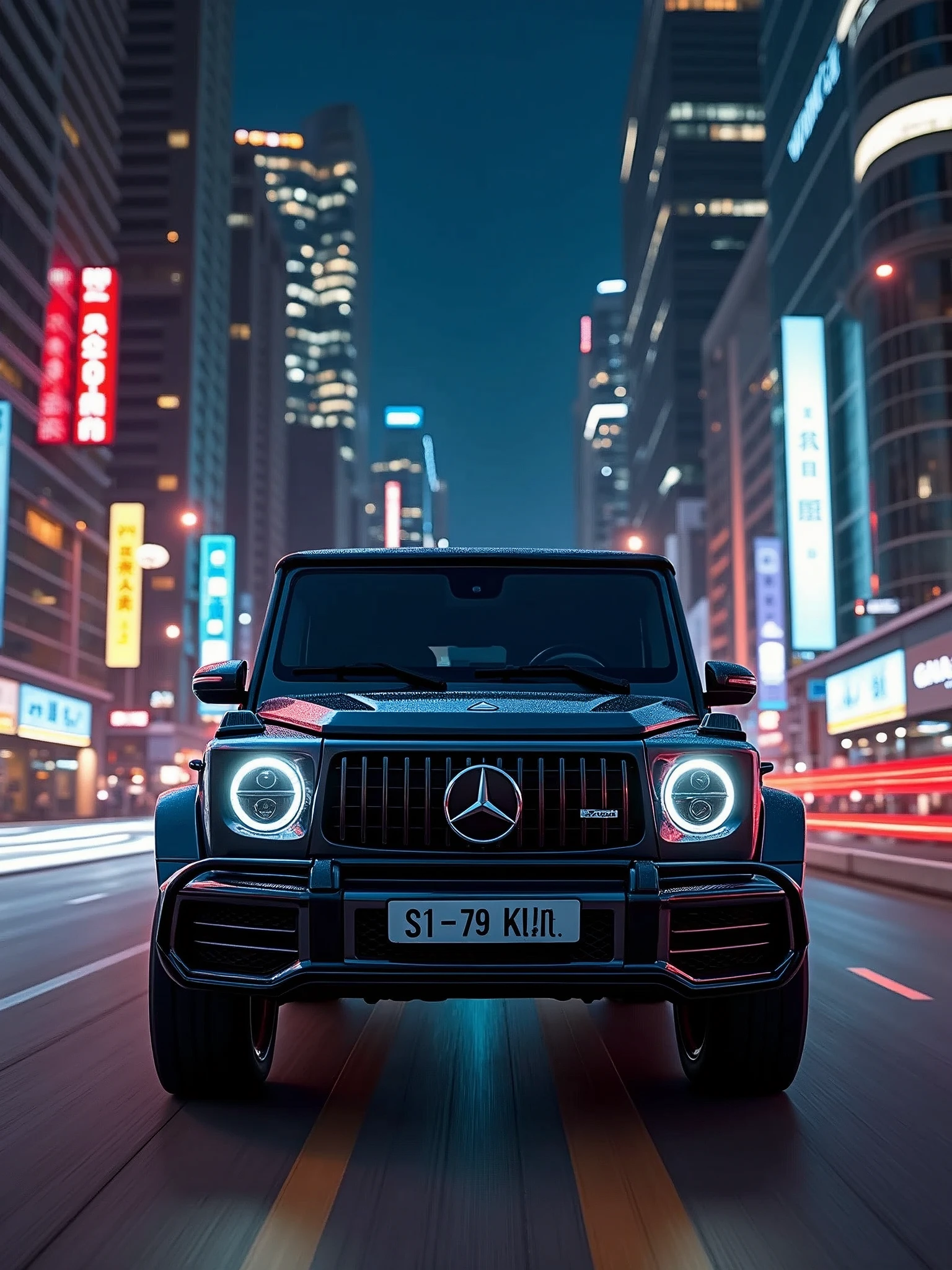 At night in the bustling city, the Mercedes-Benz G50 is like a flowing light and shadow, shuttling between high-rise buildings. The car lights pierce the night sky and complement each other with neon lights. The lines of the car body appear stronger and more powerful in the night. Inside the car, the luxurious interior creates a private and quiet space, where the driver can easily navigate and feel the beating pulse of the city. The G50's intelligent driving assistance system makes every turn precise and smooth, and even busy urban traffic cannot stop its progress.