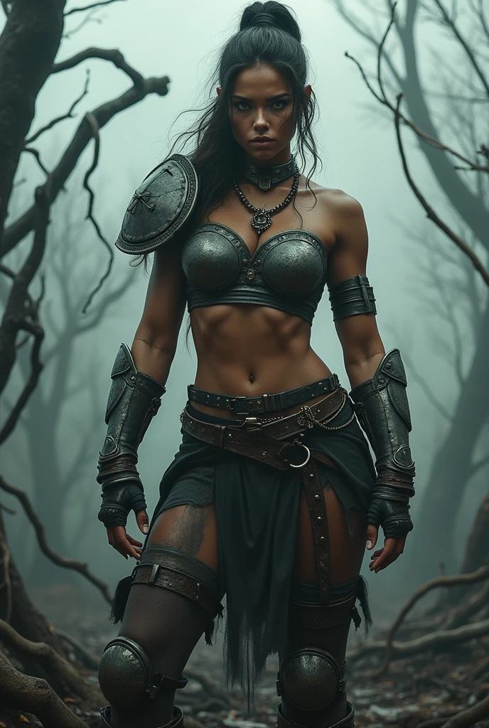 sexy warrior, battle outfit, in a gloomy environment, devastated forest, ultra realisitic, 8k, very detailed skin and face