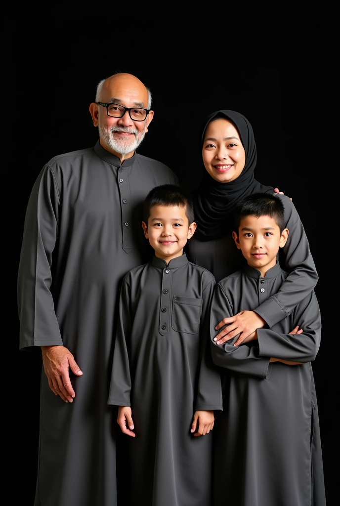 family studio photo of 4 people wearing muslim clothes with the same theme, 73 year old father with thin bald hairstyle, 70 year old mother wearing hijab, 28 year old first son wearing glasses with neat hairstyle, 21 year old second son with neat hairstyle. black background