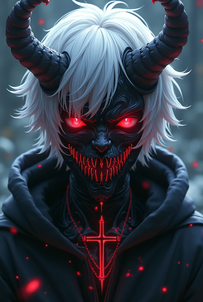 Anime boy with a demonic mask, white hair, and red eyes.