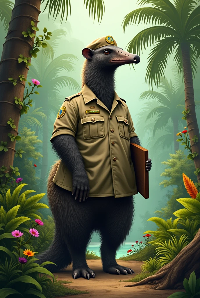 Giant anteater dressed as an environmental inspector - background with vegetation from the state of Maranhão 