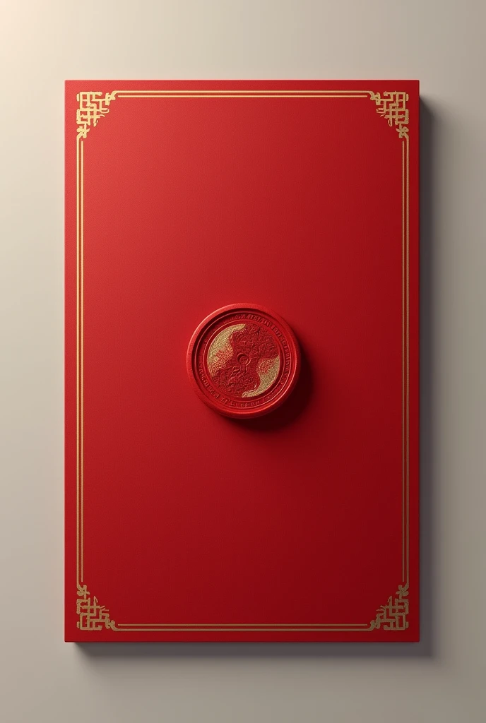 A red card with gold edges, closed, with a red moon-shaped stamp