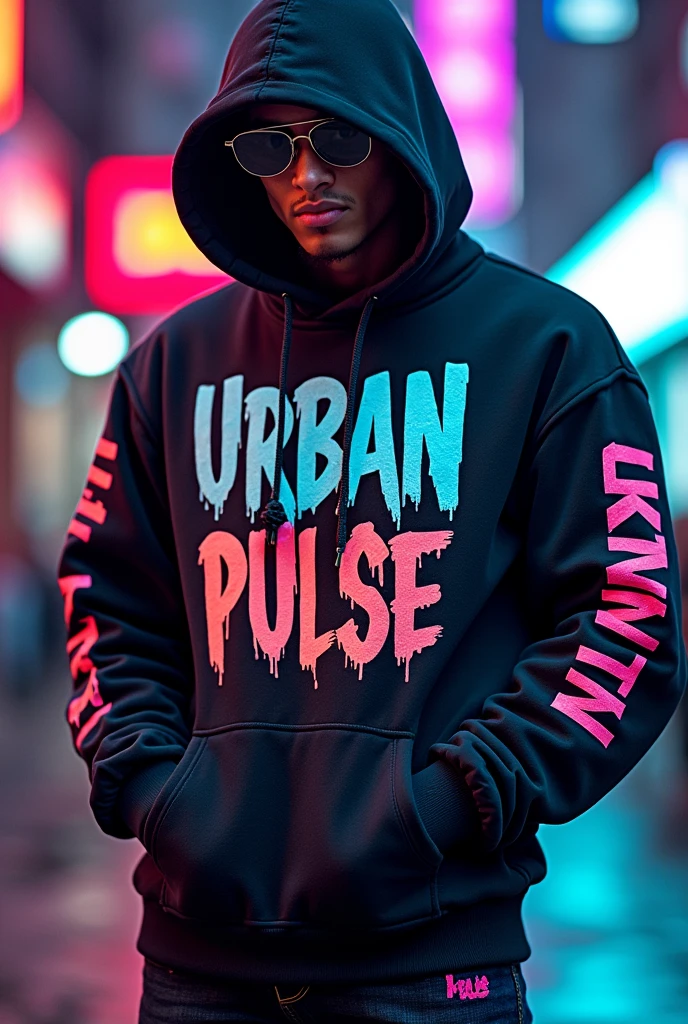 Create a series of trendy urban streetwear designs featuring the 'Urban Pulse' logo. The clothing should include t-shirts, hoodies, and jackets, showcasing the bold, modern logo prominently. Use dynamic color schemes like neon blue, electric purple, and bright orange on black, white, and metallic fabrics. The logo, with its pulse or heartbeat motif, should be placed creatively on the chest, back, or sleeve, highlighting the brand's youthful and energetic identity. Incorporate elements like graffiti, abstract patterns, or geometric shapes to enhance the urban, bold vibe of the brand.