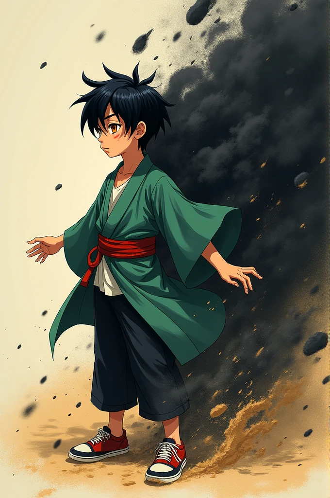 Create an illustration of a short black-haired boy with orange eyes, scar on the left side of his face, skin fair, wearing a green haori, white undershirt, black pants and a pair of red and black sneakers, transforming his right side into black sand and manipulating a black sandstorm.
