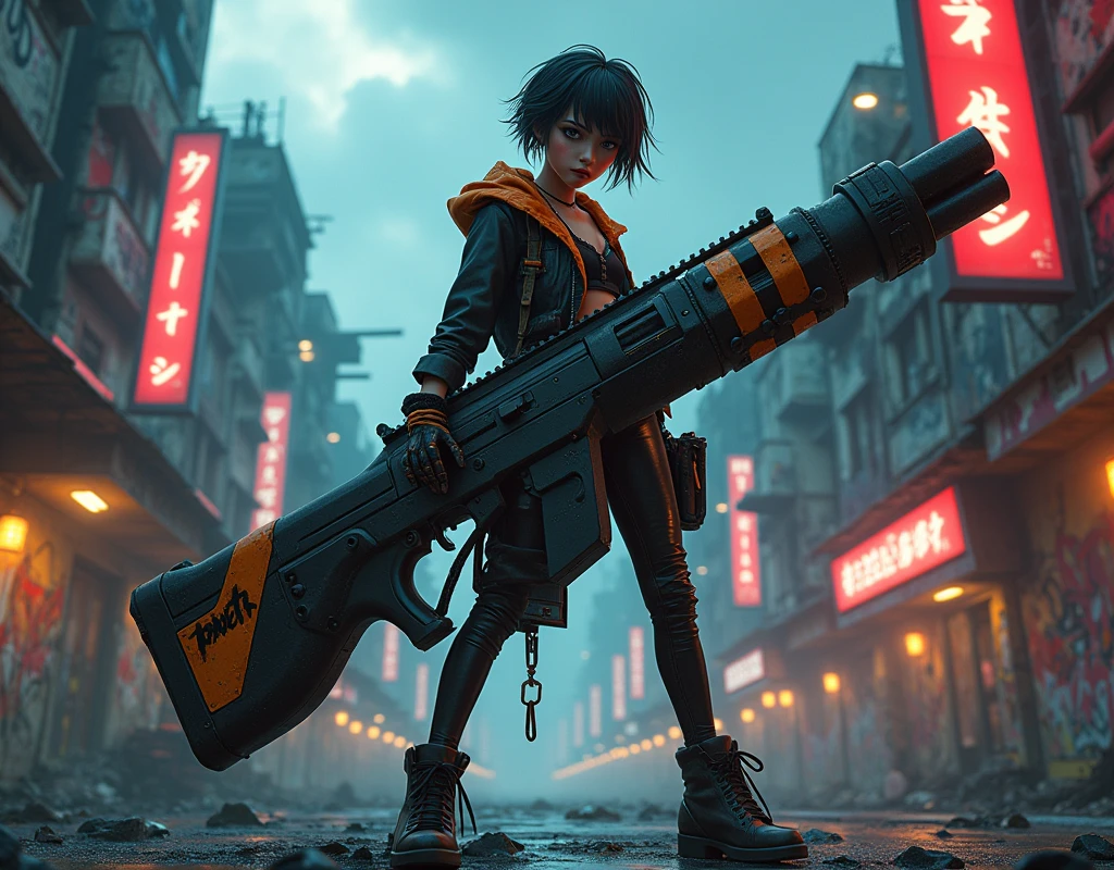 A cool, confident girl with a rebellious attitude, standing in an urban, post-apocalyptic environment. She has short, messy hair, a fierce expression, and is casually shouldering a gigantic, massively overiszed futuristic weapon. The weapon should be 3 times the size of the girl. Her outfit is a mix of cyberpunk and street style, with neon accents, leather, and metallic details. The background is a gritty cityscape with crumbling buildings, graffiti-covered walls, and flickering neon signs. The sky is dark and ominous, with a few beams of light cutting through the clouds. The atmosphere is tense, with a sense of impending action, and the scene is filled with small details like scattered debris, smoldering ruins, and distant city lights