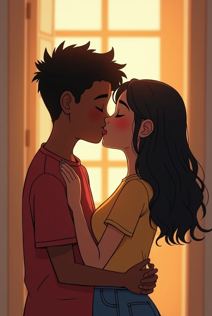 A sixth-grade boy in school, dark-skinned with straight black hair, is in love with a dark-skinned girl with straight hair. But the boy is sad and afraid to tell her he likes her and is crying. Even so, he tells her he likes her, and they start dating. Later, in their junior year of high school, the girl introduces her new boyfriend to her father. Her father loves that his daughter is dating the boy, and they share their first kiss, a romantic, very demonstrative kiss with tongues that appears a lot in the image. They went to her room.