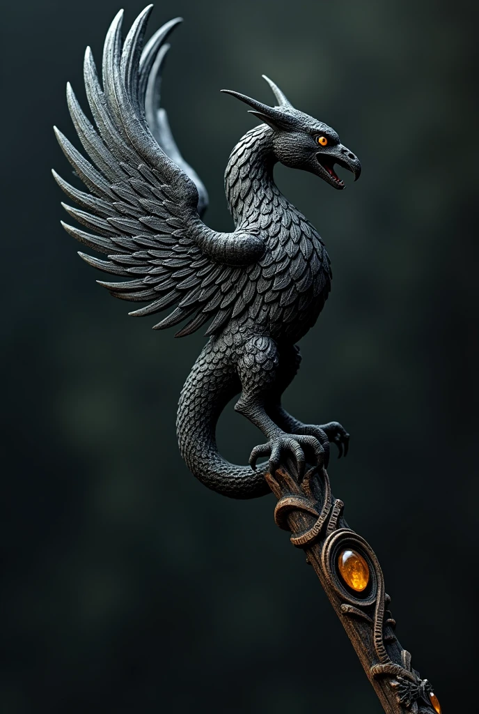 Create the following Harry Potter wand: The mango del otro estaba tallado en forma de grifo como una gema finamente tallada. The edges of the griffins were colored a deep black as if they were cracks, scorched by the darkness within. A few bloody runes were carved into some of the griffins. The mango, meticulously carved from basilisk scales, curved gently. Two bright yellow gems lay on either side of the rounded edge, which gave it the appearance of a basilisk's head.