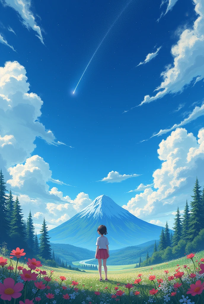 Makoto Shinkai, Vast landscape photography , (View from below，Shows the sky above and the open space below), Standing in a flower garden and looking up,  ( meteor:0.9), (Star Cloud:1.3), Fir Mountain, Treebreak Production Art, (Stars Daytime Sky:1.2), (fire Fly:1.2), Starry Sky