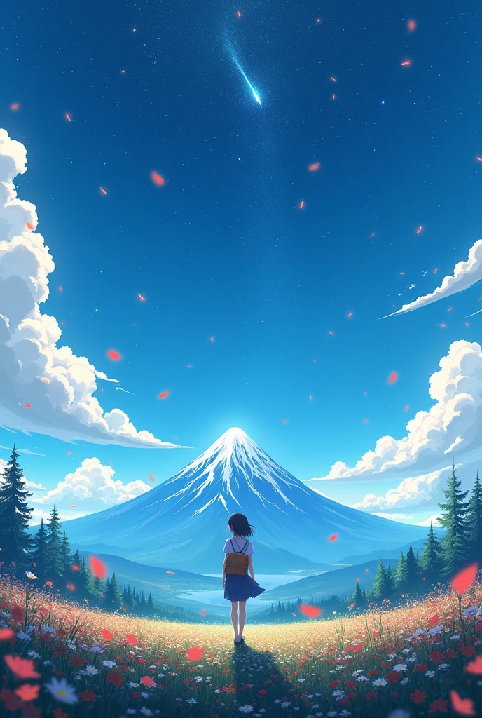Makoto Shinkai, Vast landscape photography , (View from below,Shows the sky above and the open space below), Standing in a flower garden and looking up, ( meteor:0.9), (Star Cloud:1.3), Fir Mountain, Treebreak Production Art, (Stars Daytime Sky:1.2), (fire Fly:1.2), Starry Sky