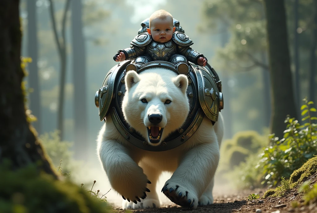 (artwork:1.2), (best quality:1.2), 8K, HDR, ultra detailed, ((photorealistic)), professional light, cinematic lighting, depth of field, A 2 YEAR OLD BABY wearing mechanical paladin armor, RIDING ON TOP OF A BIG AND VERY ANGRY POLAR BEAR WITH CHROME ARMOR RUNNING IN A FOREST, Super Detail, high details, high quality, best quality, high resolution, high definition, 4K, 8K, 16k, sharp