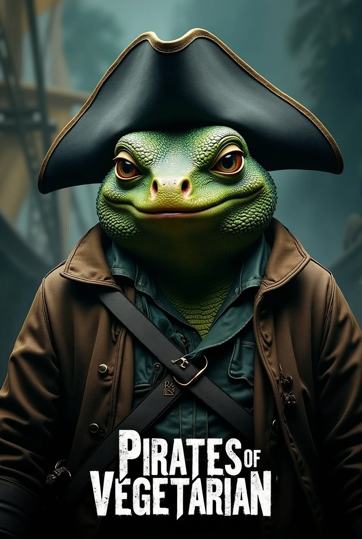 Create a cinematic poster featuring photorealistic portrait of Dressed animals - a ((fat)) iguana pirate, , wearing  pirate costume and  pirate hat , with a serious, intense expression, He should be slightly off-center in the composition, The background should be dark and gritty, pirate's ship with smoky or grunge textures, Use a color scheme of black, deep blues, and dark greens, with subtle silver or gold accents to capture the show's mood, At the bottom of the poster, place the text "PIRATES OF VEGETARIAN" in large, bold, distressed letters, in a sans-serif font. The text should have a cinematic style, with slight shadow or glow effects to make it stand out against the background.