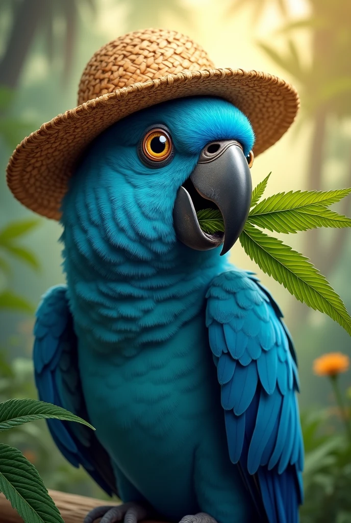 create an image of a blue macaw wearing a straw hat on its head while biting a marijuana leaf