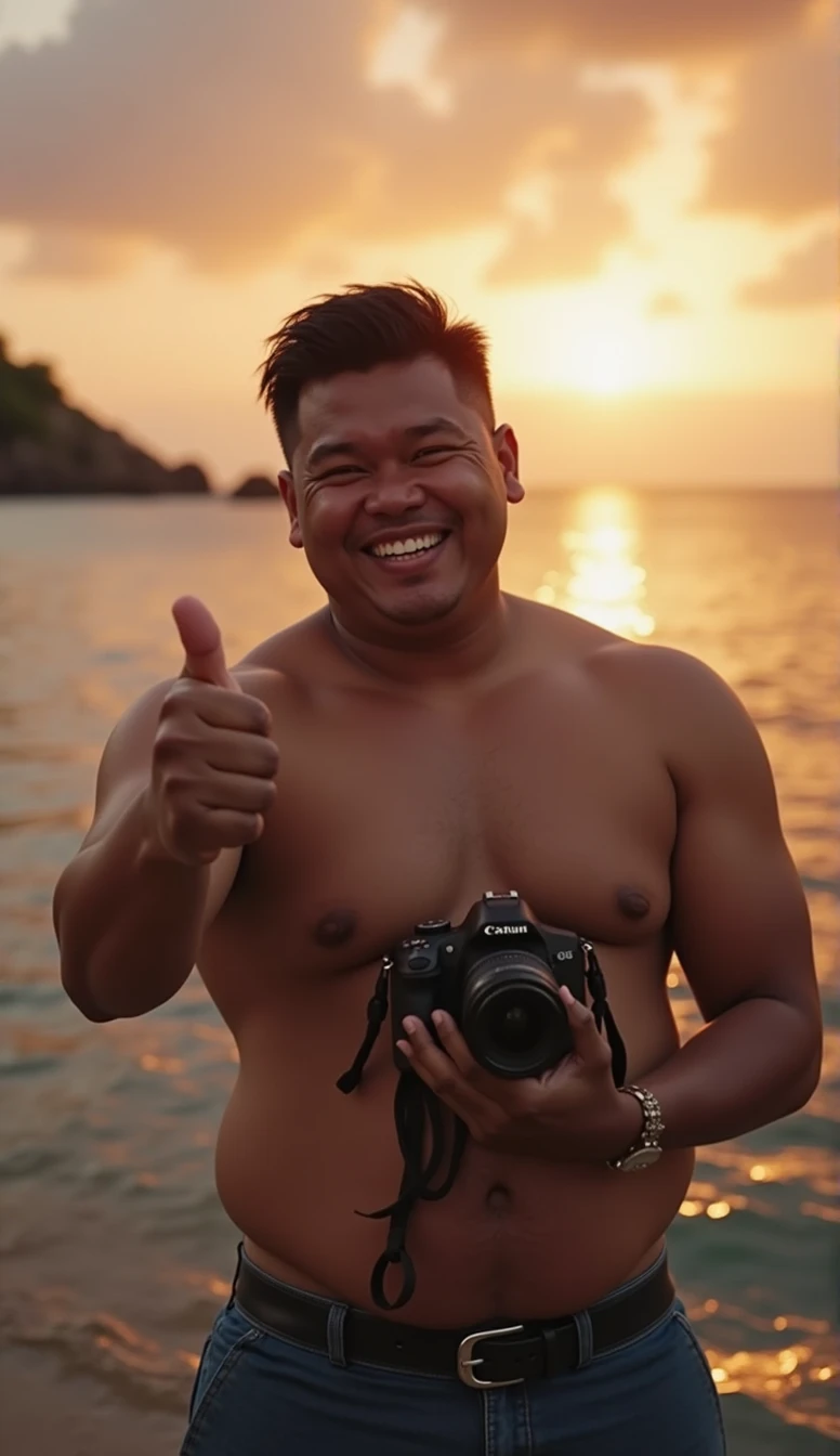 photorealistic, best quality, masterpiece, extremely detailed, sexy, homoerotic, extremely handsome, 20 year old chubby polynesian man, stocky build, laughing, takes your photo with a DSLR camera in one hand, he points to you with his other hand, by the pier, extremely romantic atmosphere, perfect face, perfect fingers, perfect hands, perfection