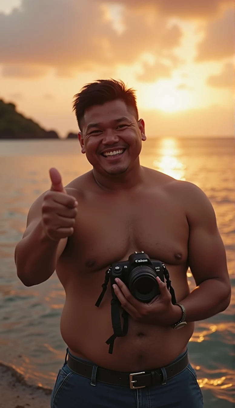 photorealistic, best quality, masterpiece, extremely detailed, sexy, homoerotic, extremely handsome, 20 year old chubby polynesian man, stocky build, laughing, takes your photo with a DSLR camera in one hand, he points to you with his other hand, by the pier, extremely romantic atmosphere, perfect face, perfect fingers, perfect hands, perfection