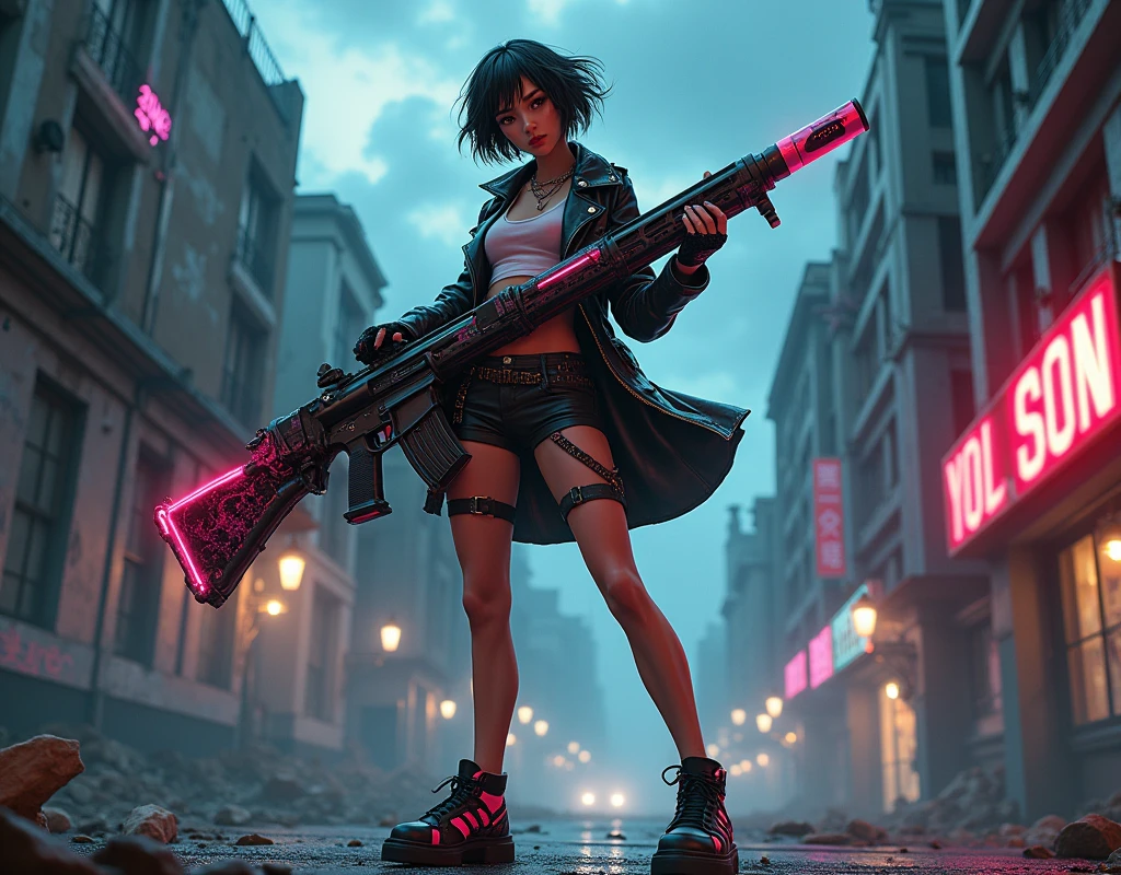 A cool, confident girl with a rebellious attitude, standing in an urban, post-apocalyptic environment. She has short, messy hair, a fierce expression, and is casually shouldering a gigantic, massively overiszed futuristic weapon. The weapon should be 3 times the size of the girl. Her outfit is a mix of cyberpunk and street style, with neon accents, leather, and metallic details. The background is a gritty cityscape with crumbling buildings, graffiti-covered walls, and flickering neon signs. The sky is dark and ominous, with a few beams of light cutting through the clouds. The atmosphere is tense, with a sense of impending action, and the scene is filled with small details like scattered debris, smoldering ruins, and distant city lights