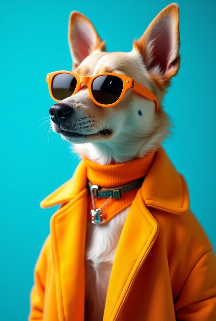 The best cell phone wallpaper, Award-Winning Wallpaper, portrait photography, In the front view is a portrait of a cute dog wearing mid-1960s space age fashion, Side view photo, Shot with Canon EOS R5, Set a strong contrast that accentuates the subject, Fluorescent blue tone, Wearing a very modern coat and sunglasses is a modern 1960s style, Clothes all in one color, beautiful background