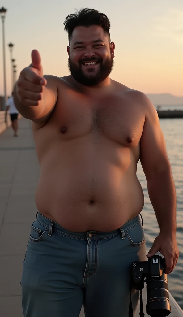 photorealistic, best quality, masterpiece, extremely detailed, sexy, homoerotic, extremely handsome, 20 year old chubby polynesian man, stocky build, laughing, takes your photo with a DSLR camera in one hand, he points to you with his other hand, by the pier, extremely romantic atmosphere, perfect face, perfect fingers, perfect hands, perfection