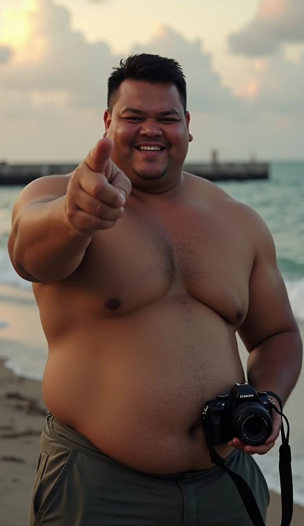 photorealistic, best quality, masterpiece, extremely detailed, sexy, homoerotic, extremely handsome, 20 year old chubby polynesian man, stocky build, laughing, takes your photo with a DSLR camera in one hand, he points to you with his other hand, by the pier, extremely romantic atmosphere, perfect face, perfect fingers, perfect hands, perfection