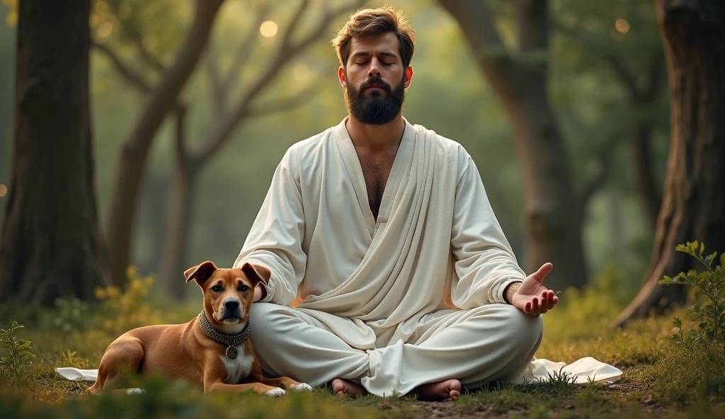 Um homem gordo, com barba e vestido com um longo manto branco. O homem esta meditando no meio de um bosque. E um cachorro marrom esta sentado ao seu lado