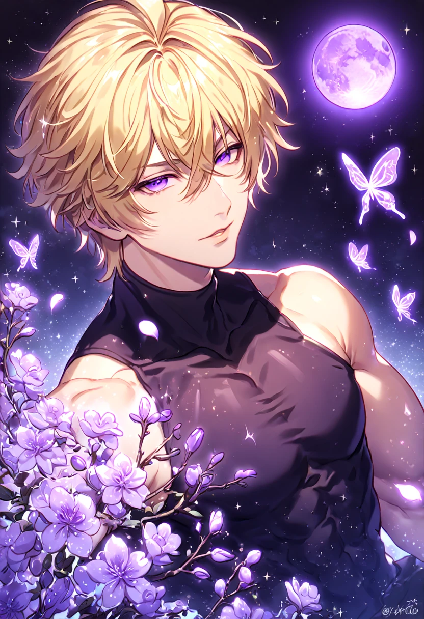 absurdres, highres, ultra detailed, HDR, master piece, best quality, extremely detailed, GenjoSanzo, blonde hair, expressive purple eyes, Saiyuki Reload, solo, sexy man, handsome, sensual, manly man, black tight turtleneck shirt, sleeveless, fantasy, magical, shining, purple flowers, blossoms, water, purple petals, purple butterflies, sparkling, purple moon, starry sky