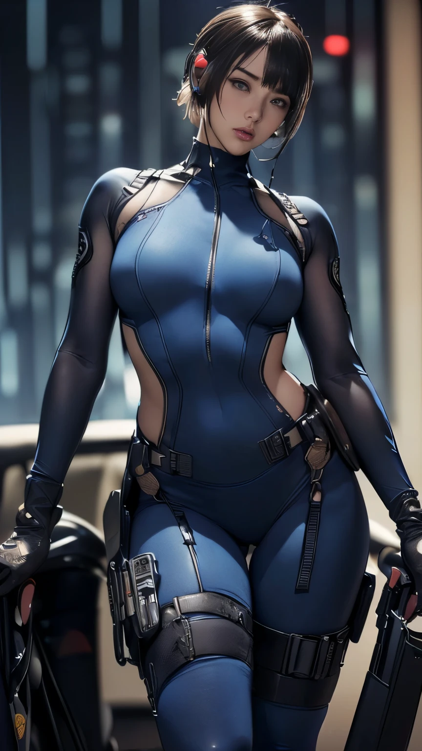 (A woman),(((A female member of the Future Force rides a motorcycle))),((Navy blue tactical high leg bodysuit:1.5)),((earphone:1.5)),((Tactical Holster:1.5)),(Gloves:1.5),(Serious:1.5),(Super short hair:1.5),(bionde:1.5),(beautiful eyes:1.3),(Very detailedな顔:1.5),((Very detailed drawing of a female hand:1.5)),((muscular:1.5)),(Sexy appearance:1.5),((Thick thighs:1.5)),(Beautiful Body:1.5),((Very sensual:1.5)),(Background is hanger:1.5),(Cyberpunk atmosphere:1.5),(((Blurred Background:1.5))),(Written border depth:1.5),rest(((masterpiece:1.5),(best quality:1.5),(Very detailed:1.5),(high resolution:1.5),(Practical:1.5),(Practical:1.5),(Delicate depiction),(Carefully drawn))),8k,wallpaper