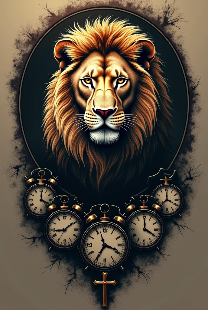 Lion tattoo with 3 clocks and a cross