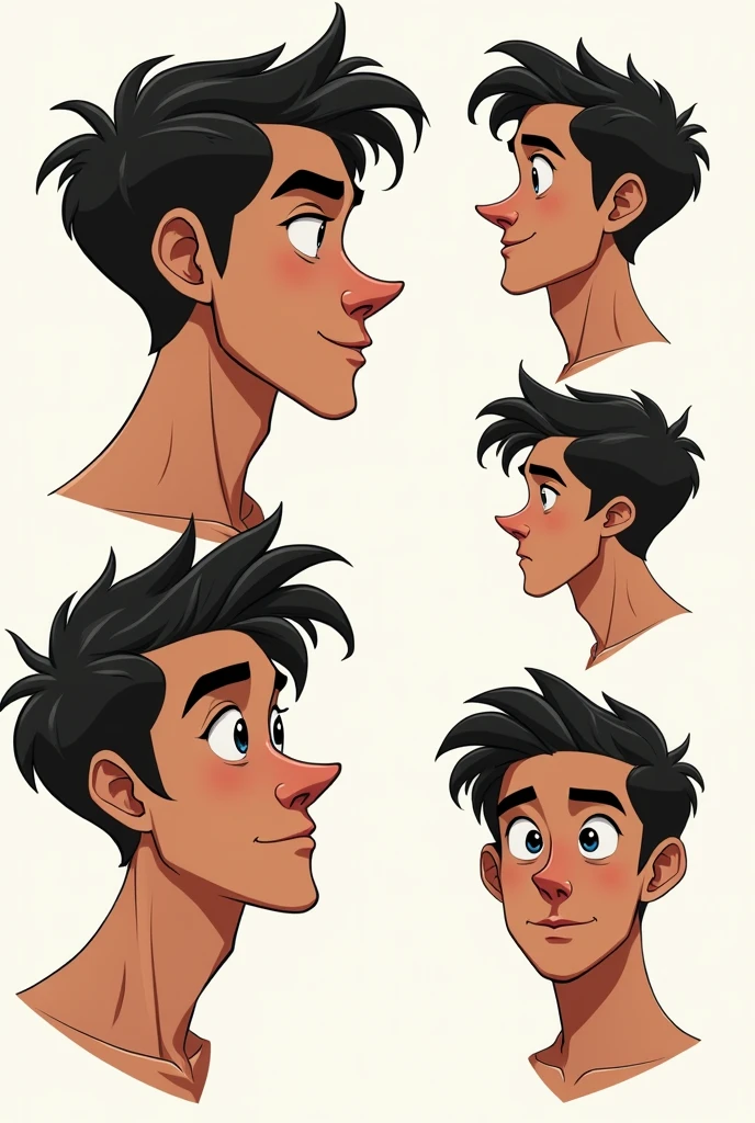 Alastor, male 25 years old, tall and slender. Oval face, thin nose and curved forward and long and pointed inside Roman nose. skin tanned, wavy short dark hair. drawing various angles profile Alastor has a thin nose, slightly long and with a pronounced curve, similar to the Roman style. The tip is slightly prominent and well defined, giving a striking feature to your face. cartoon drawing