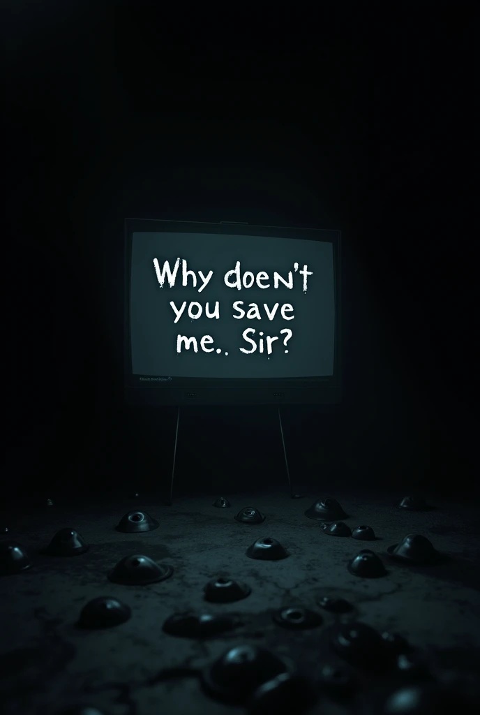 Horribly on a black screen "Why didn't you save me? Sir." writing. There are scary eyes around