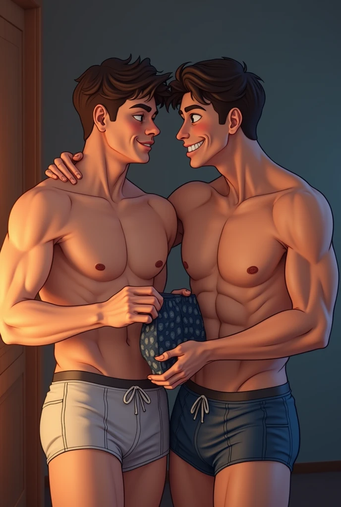 A young man sniffing his friend's boxer shorts