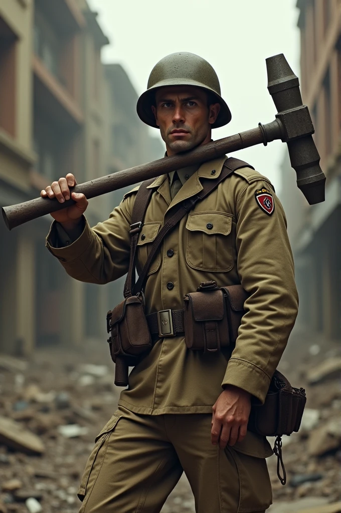 A British soldier wielding a nail hammer.