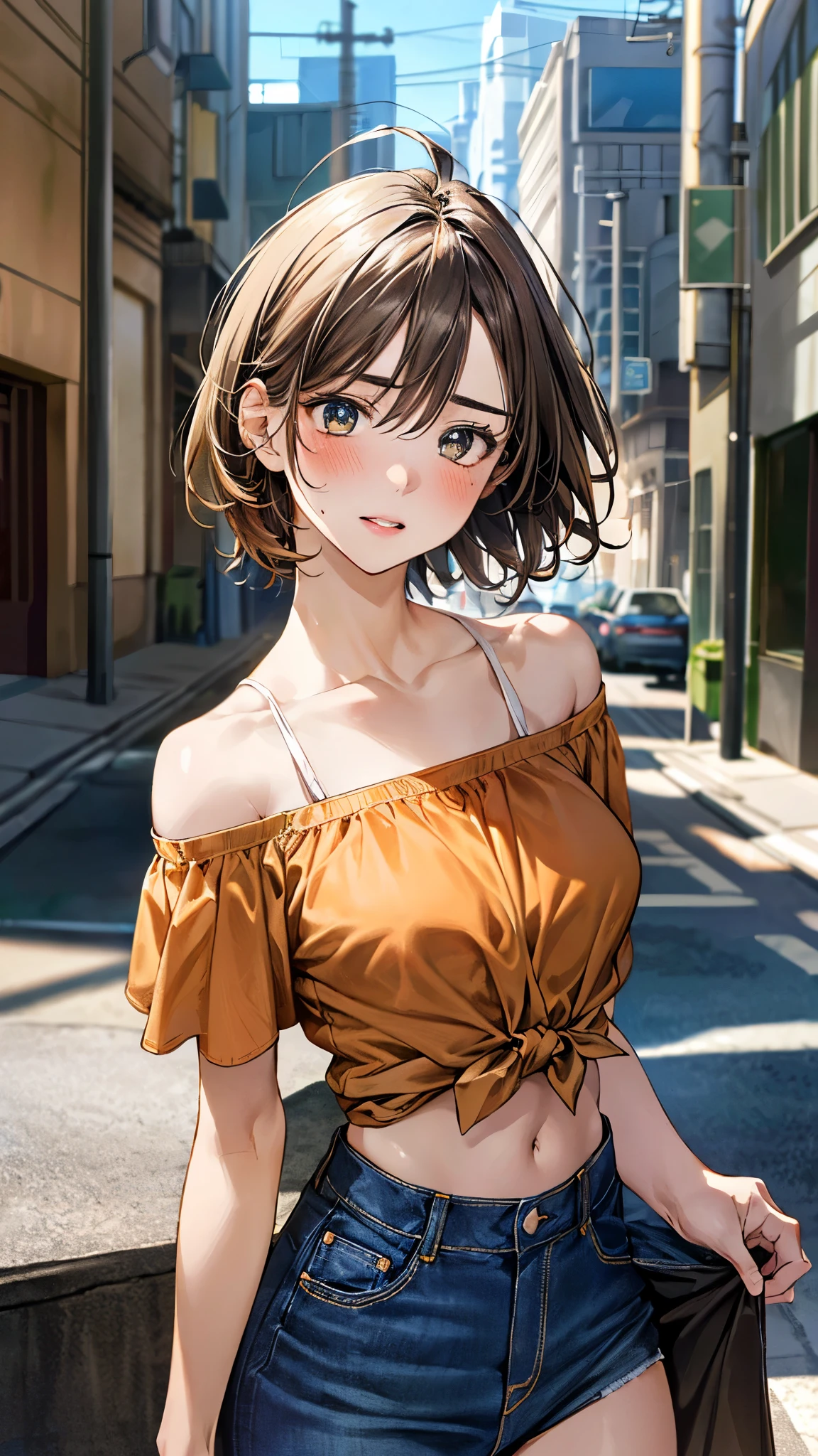 (masterpiece:1.3, top-quality, ultra high res, ultra detailed), (realistic, photorealistic:1.4), beautiful illustration, perfect lighting, natural lighting, colorful, depth of fields, surrealism, 
beautiful detailed hair, beautiful detailed face, beautiful detailed eyes, beautiful clavicle, beautiful body, beautiful chest, beautiful thigh, beautiful legs, beautiful fingers, 
looking at viewer, (face focus, upper body), 1 girl, high school girl, (perfect anatomy, anatomically correct, super detailed skin), cute and symmetrical face, babyface, perfect face, perfect eyes, shiny skin, 
(short hair, sideburns, straight hair, light brown hair), ahoge, hair between eyes, blue-green eyes, big eyes, long eyelashes, (medium breasts, seductive thighs), slender, narrow waist, 
(detailed cloth texture, break short sleeve off- shoulder orange shirt, midriff:1.2, break denim tight skirt), break 
(beautiful scenery), evening, (caffee:1.2), (hair twirling), (blush, embarrassed, parted lips), 
