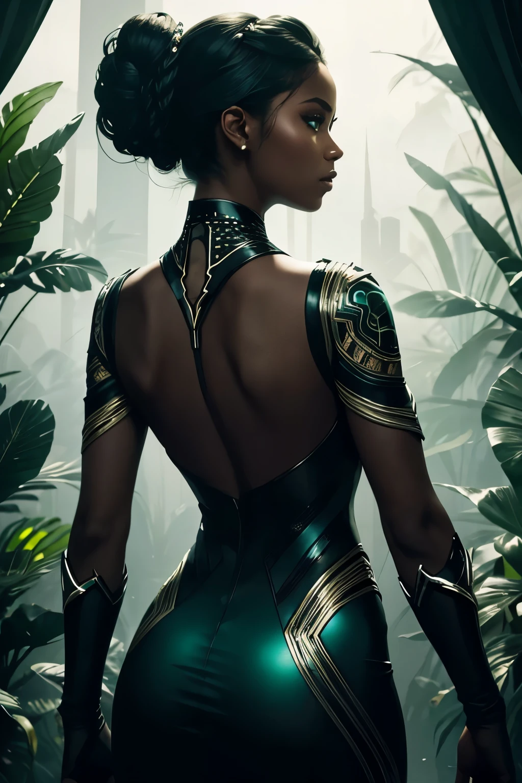 **Surreal image of a beautiful, clear glass woman standing from behind, with delicate facial features. Her hair is styled in an elegant updo. Through the glass woman's back, a black panther and deep green eyes can be seen, creating an ethereal and dreamlike effect. The background of the image is a softly tinted solid black, which enhances the contrast between the glass woman and the panther seen through her. The overall composition is artistic and visually striking, merging human and jungle elements in a unique, harmonious and imaginative way.**