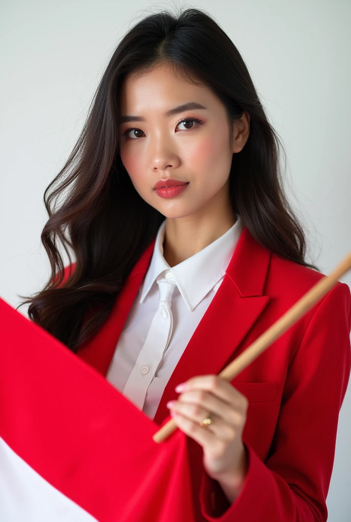 Portrait, Beauty Woman, Long Hair, Black Hair, Hold Indonesian Flag, Shirt, Focus Camera, Blazer Red, Tie, White Background