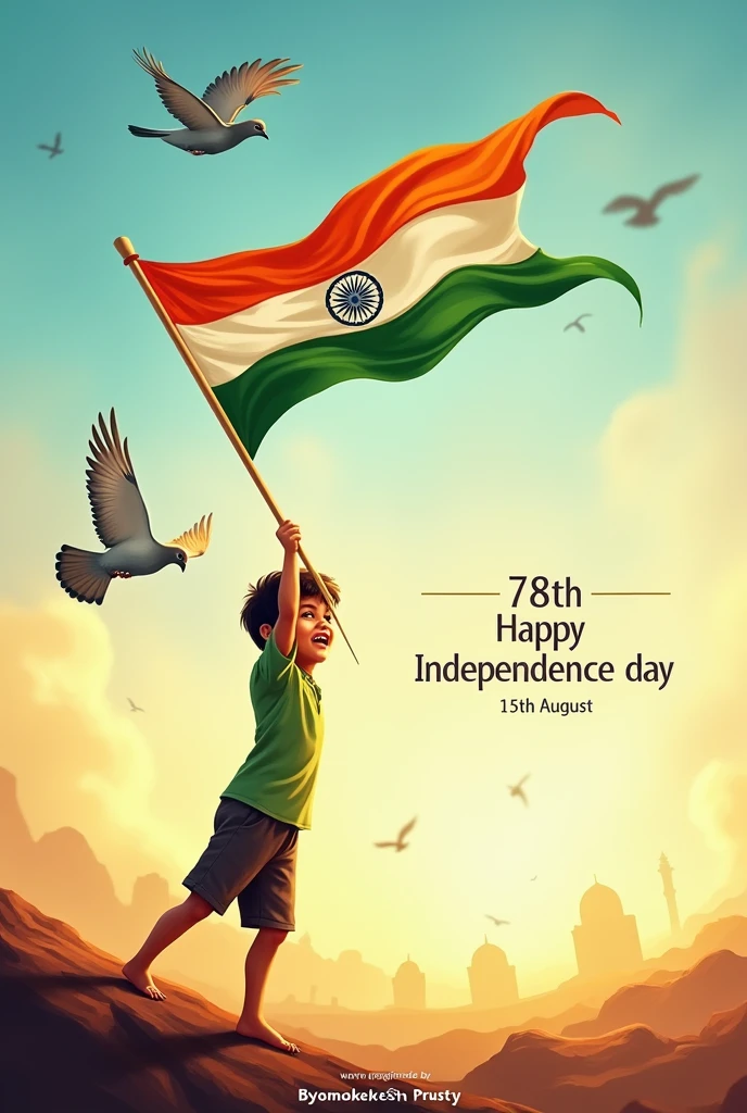 A boy take a Indian Flag and take it high and flag flay Freely and 2 Pigeons flay both sides and Write over 78th Happy Independence day with little small letters 15th August by warm regards by Byomokesh Prusty