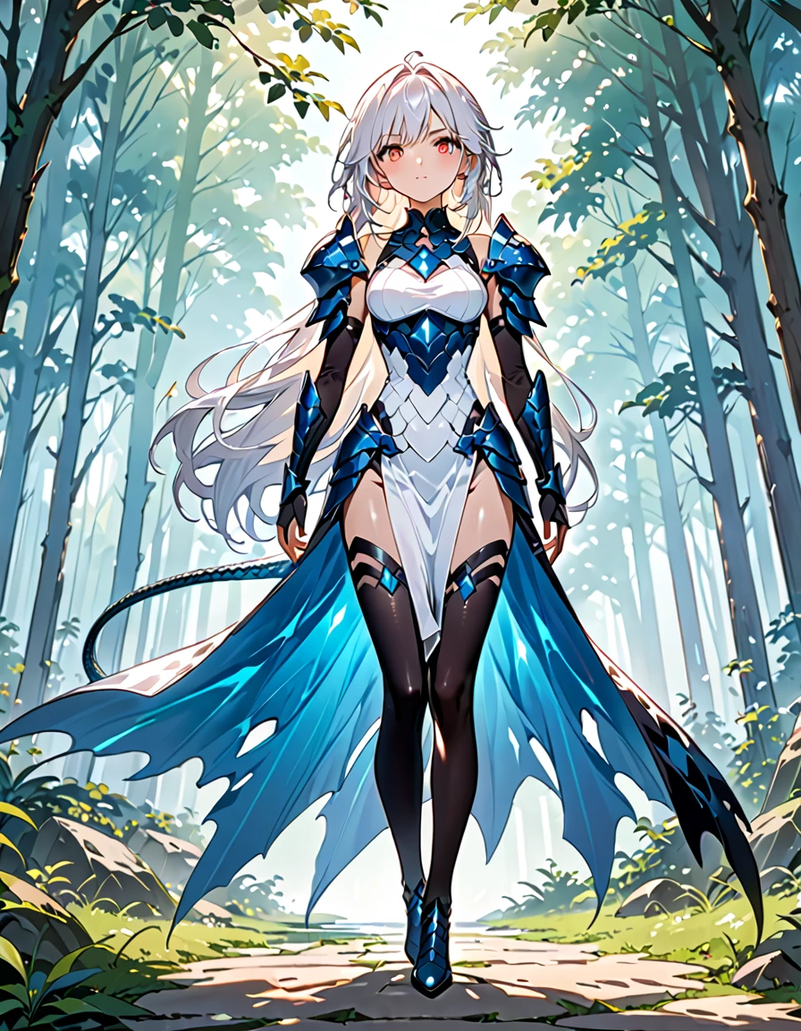 (((masterpiece, best quality, high detailed, 16k))) hzk (1girl) A fierce dragon rider with wild, icy white hair and light blue red eyes. She wears a suit of dragon-scale armor that shimmers in shades of black and white, and a large sword is strapped to her back. She stands confidently beside her dragon, her hand resting on its massive neck. ((full body view))
