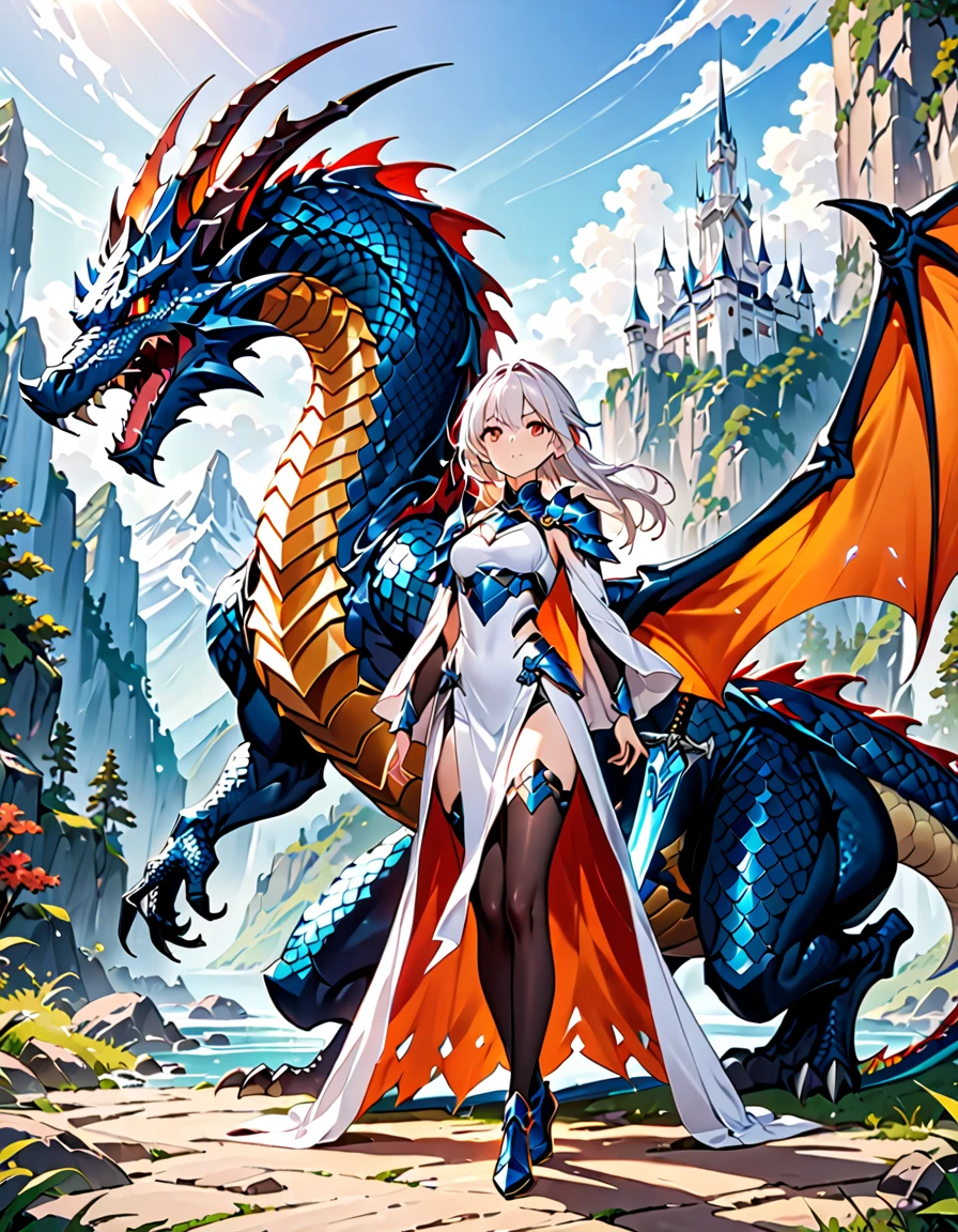 (((masterpiece, best quality, high detailed, 16k))) hzk (1girl) A fierce dragon rider with wild, icy white hair and light blue  red eyes. She wears a suit of dragon-scale armor that shimmers in shades of black and white, and a large sword is strapped to her back. She stands confidently beside her dragon, her hand resting on its massive neck. ((full body view))