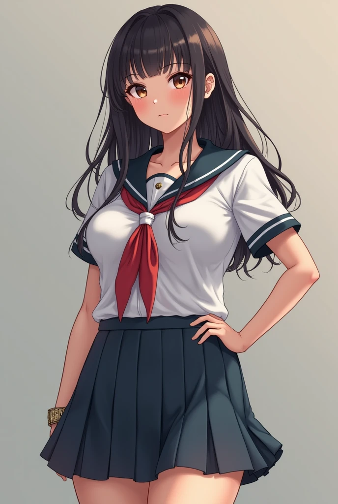 masterpiece, best quality, 1girl, solo, large breasts, (breast implants, fake , unaligned breasts, perfectly round breasts), SFW, school uniform, serafuku, standing, cowboy shot, looking at viewer,