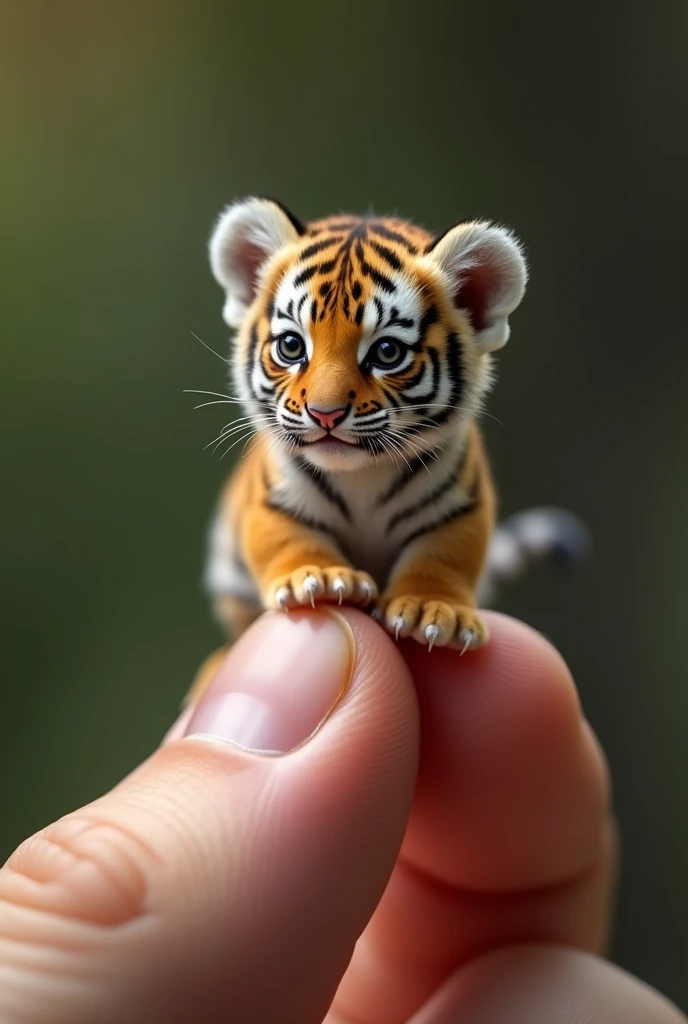 photorrealistic, 8k, Micro Tiny baby [tiger] perched on a human finger