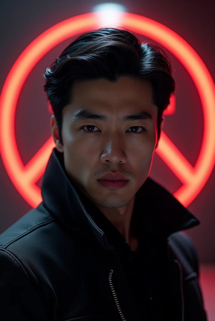 Handsome korean with a black hair color is shown with the S.H.I.E.L.D. Emblem in the background. There is a spotlight in the background illuminating Lights and the S.H.I.E.L.D. Emblem.