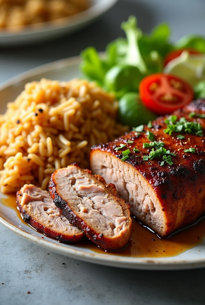 Pork loin and cocacola rice and salad image