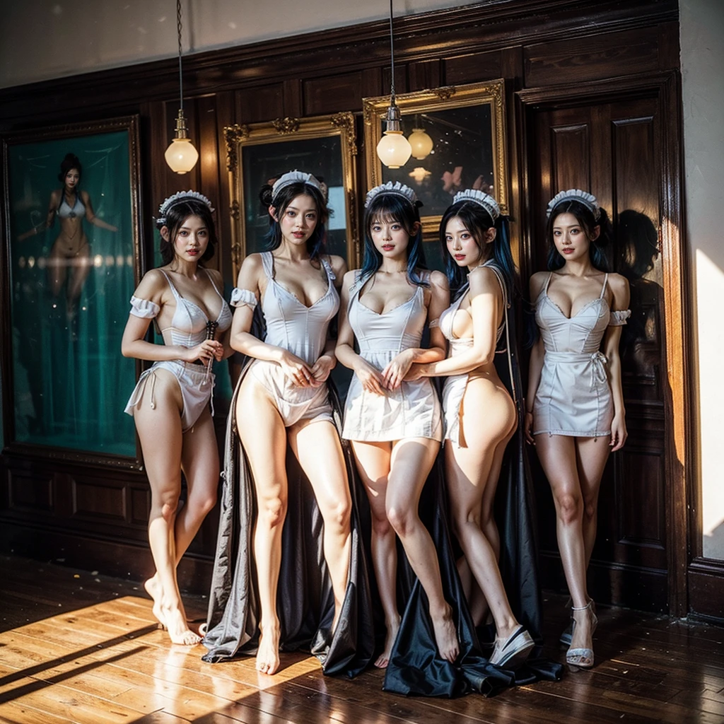 (Full Body of Extremely Detailed((Sexy Maid Group in a row:1.37))), KAWAII perfect face, Reflective Eyes, Detailed(Delicate Clothing textures), Correct Leg Line, Dynamic Joyful Expressions LifeLike Rendering, Specular Reflection, TopQuality 8K Ultra-detailed masterpiece (ProfessionalPhoto:1.37), (Acutance:0.8), (Luminism:1.28), (Renaissance art style), Colorful Light particles, ((Full body from side)), {Kissing|Thigh Gap|AssFocus|(NakedApron with Overflowing SideBoob)}, Radiant Fine Skin with Transparency, (Exposed:0.4), (Different types of Anime hair color){Pink Hair|Blue Hair|Platinum Blonde|Pure White Hair|Liquid Hair}, Perfect Lighting