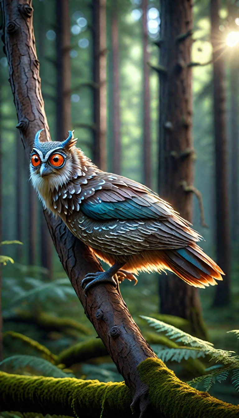 A creature with four eyes stands on a branch in the forest.(best quality,4K,8k,High level,masterpiece:1.2),Ultra Detailed,(lifelike,Photo real,Photo real:1.37),Highly detailed animals,Complex patterns,Realistic lighting