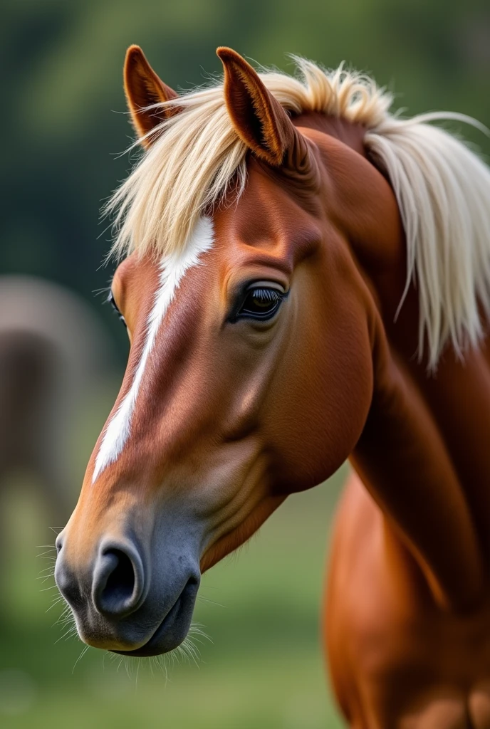 A BLONDIE HORSE IN A FIELD, Conceptual art, depth of field, close-up, Neoclassicism