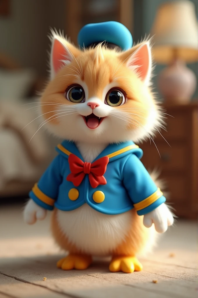 A cute cat wearing a Disney Donald Duck costume, standing with their back turned
