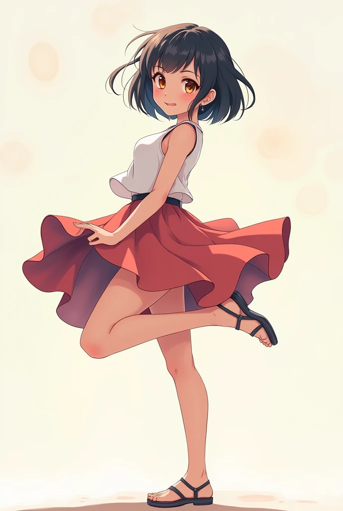 anime style girl, with a short skirt, lifting her up, and she has a tight shoe