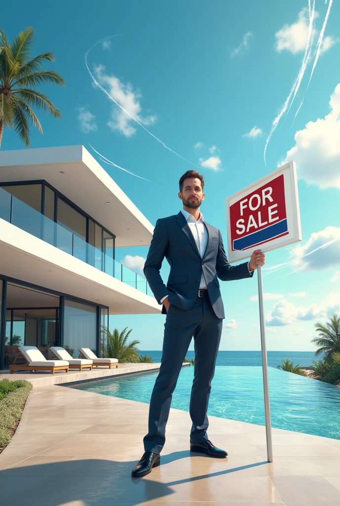 Create a vibrant image showcasing a real estate agent holding a 'For Sale' sign in front of a modern beachfront property. In the background, show social media icons like Facebook and Instagram, with flowing lines representing internet traffic. The theme should combine the professional real estate environment with the dynamic energy of online marketing."